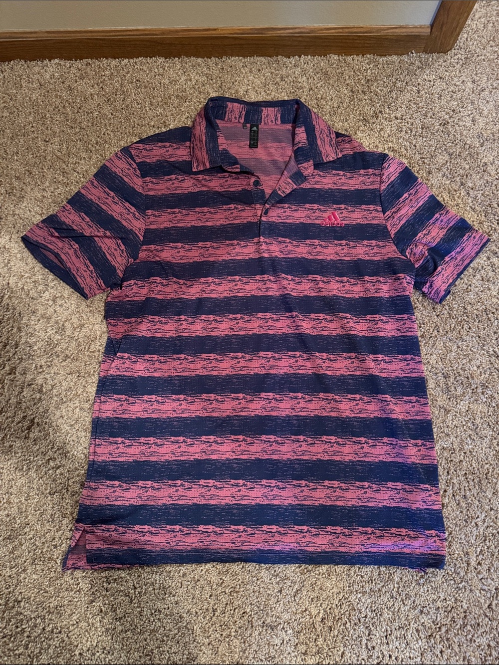 adidas Men’s Pink and Navy Striped Polo